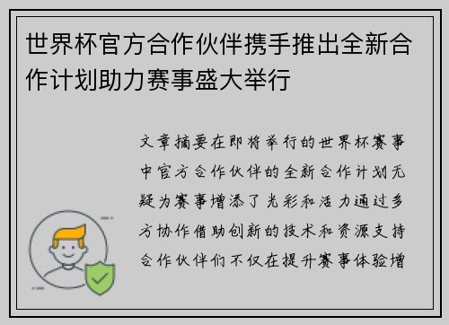 世界杯官方合作伙伴携手推出全新合作计划助力赛事盛大举行